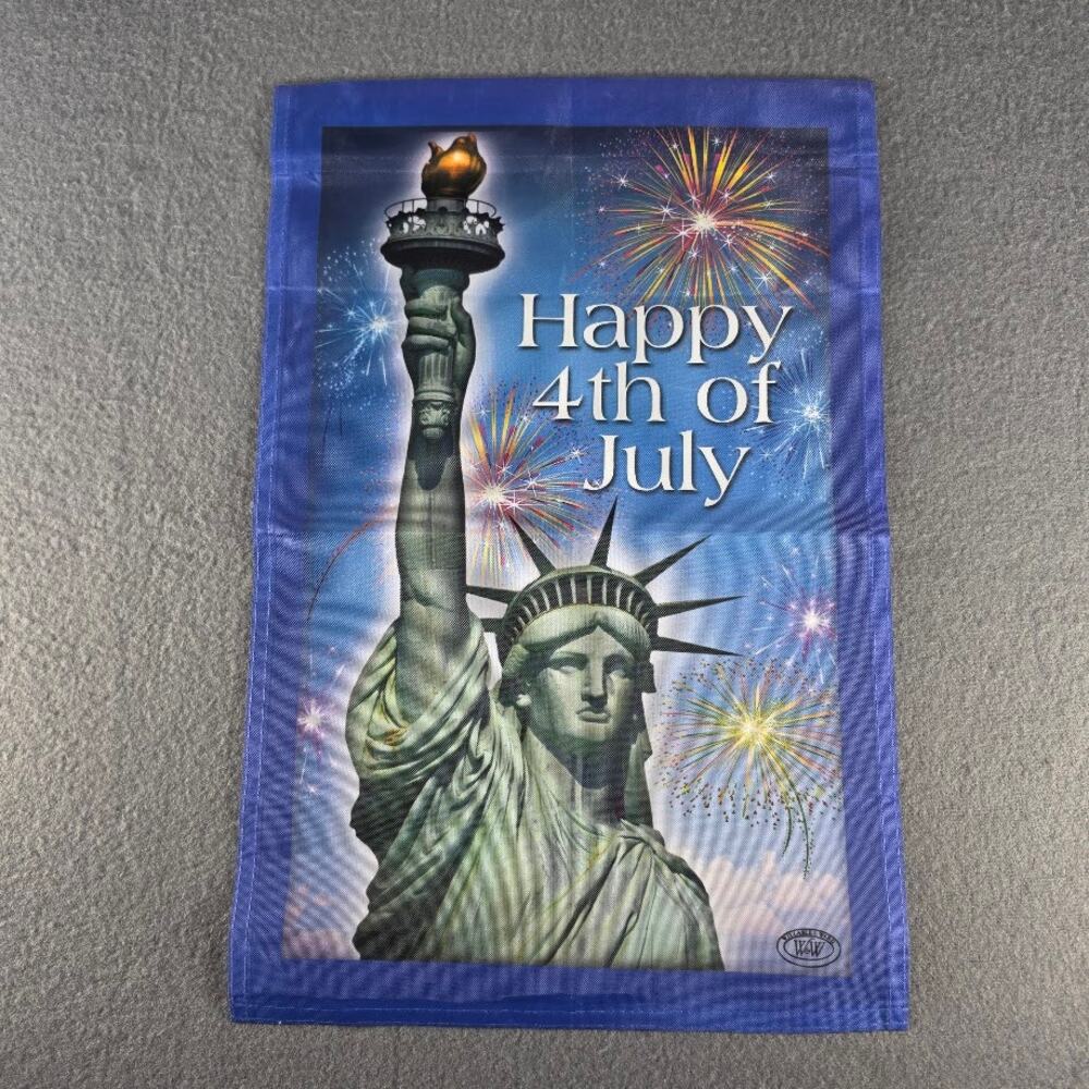 Happy 4th of July Garden Flag Statue of Liberty 18x12" Fireworks Patriotic